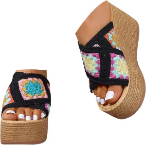 Orthopedic Platform Wedge Sandals for Women Summer Dressy Espadrille 2025 Open Toe Summer Floral Crochet Woven Non Slip Fashionable Sandals Bohemian Beach Walking Shoes