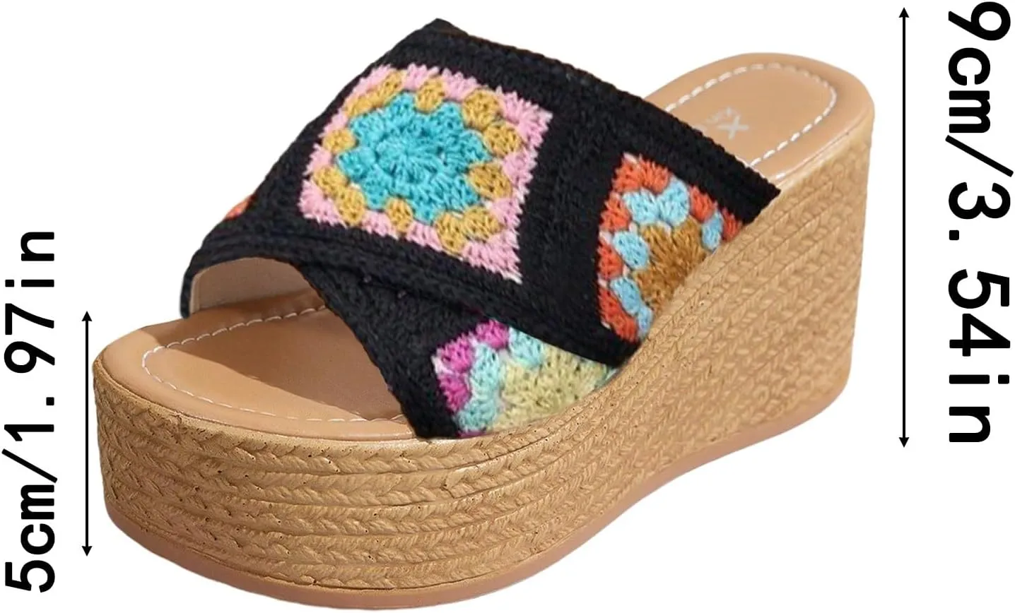 Orthopedic Platform Wedge Sandals for Women Summer Dressy Espadrille 2025 Open Toe Summer Floral Crochet Woven Non Slip Fashionable Sandals Bohemian Beach Walking Shoes