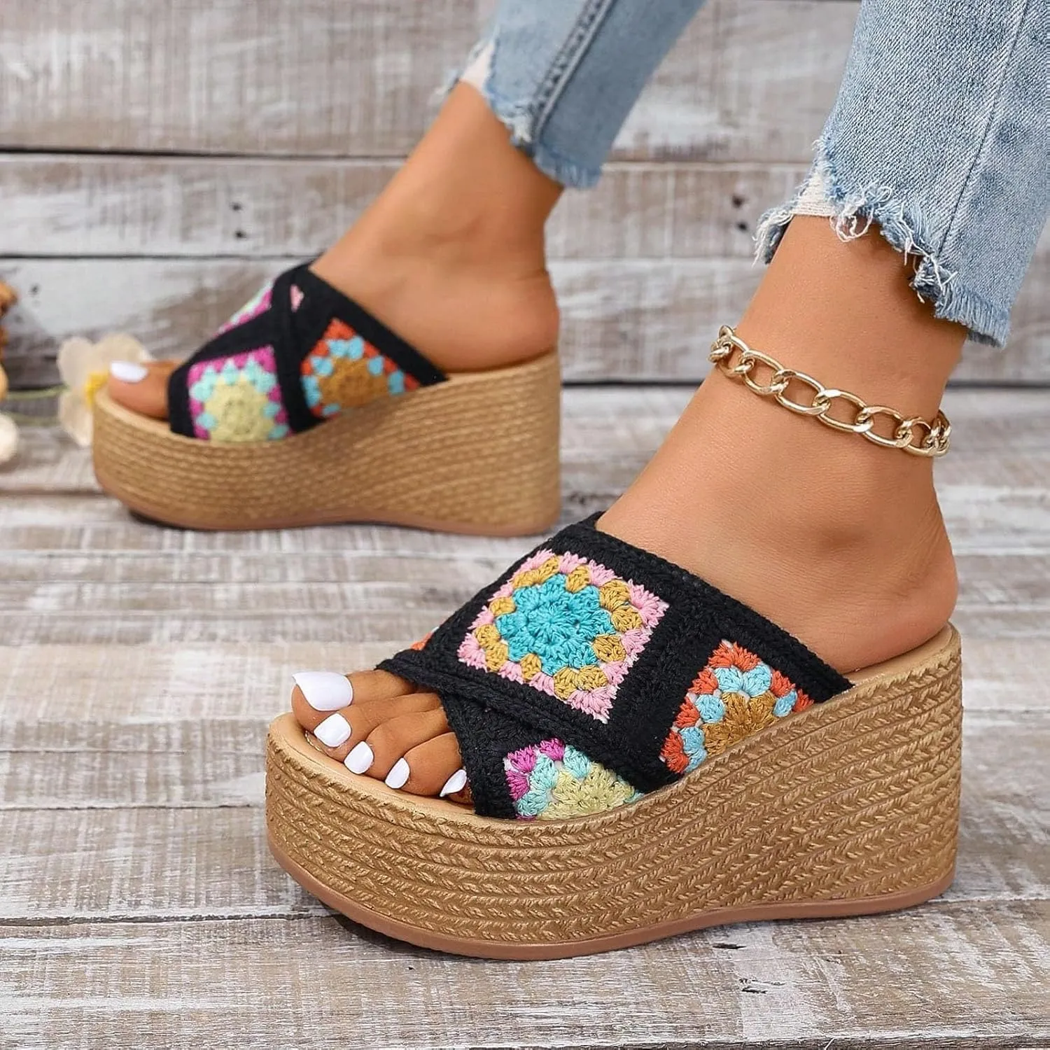 Orthopedic Platform Wedge Sandals for Women Summer Dressy Espadrille 2025 Open Toe Summer Floral Crochet Woven Non Slip Fashionable Sandals Bohemian Beach Walking Shoes