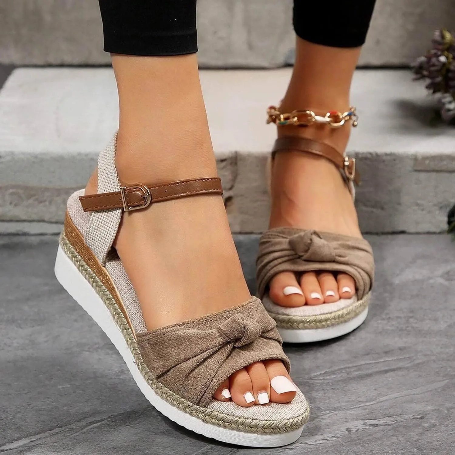 Orthopedic Platform Wedge Sandals for Women Summer Dressy Flat 2023 Open Toe Ankle Strap Espadrilles Sandals Casual Strappy Slip on Sandals Beach Boho Sandals Comfortable Outdoor Shoes (Khaki #4, 9)