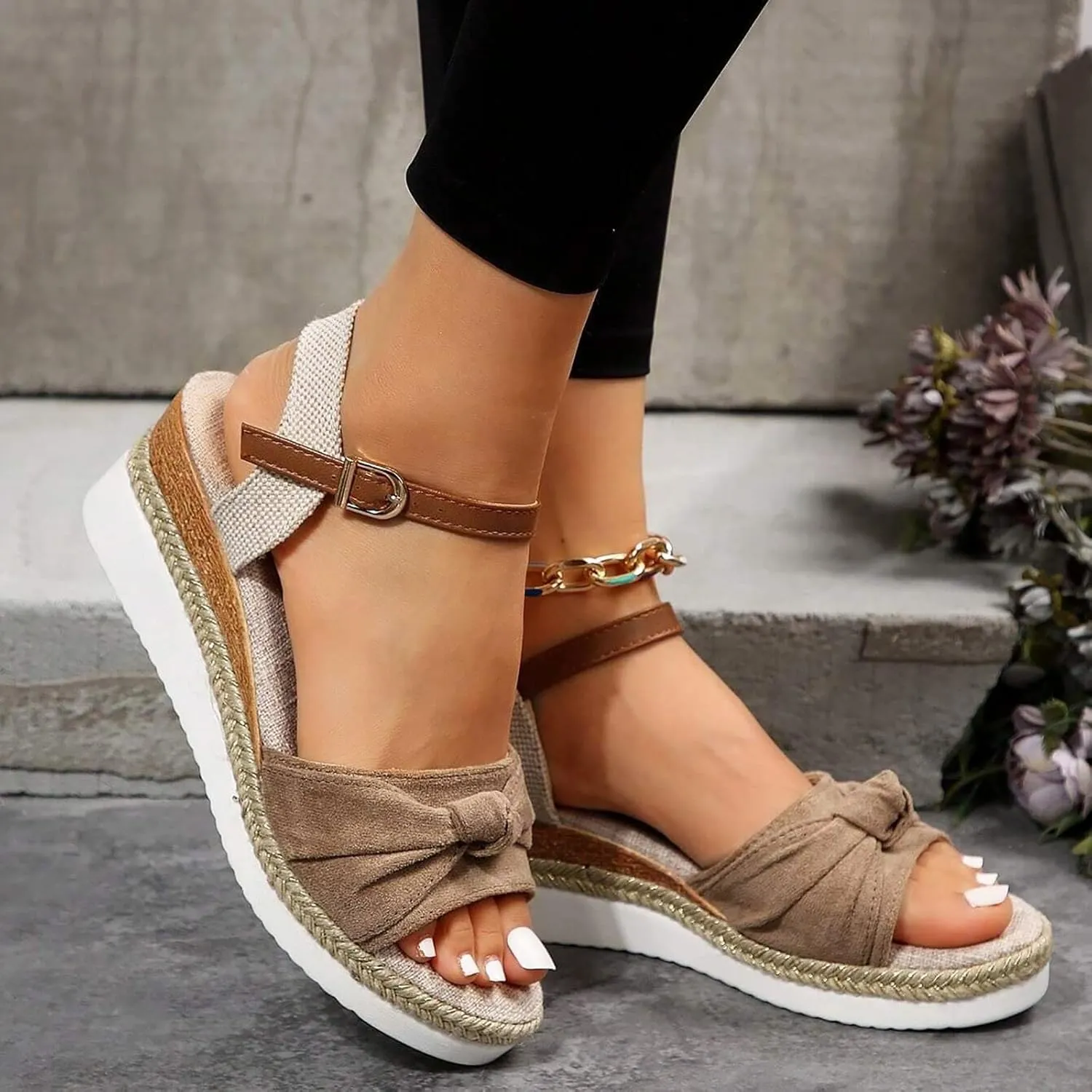 Orthopedic Platform Wedge Sandals for Women Summer Dressy Flat 2023 Open Toe Ankle Strap Espadrilles Sandals Casual Strappy Slip on Sandals Beach Boho Sandals Comfortable Outdoor Shoes (Khaki #4, 9)