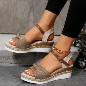 Orthopedic Platform Wedge Sandals for Women Summer Dressy Flat 2023 Open Toe Ankle Strap Espadrilles Sandals Casual Strappy Slip on Sandals Beach Boho Sandals Comfortable Outdoor Shoes (Khaki #4, 9)