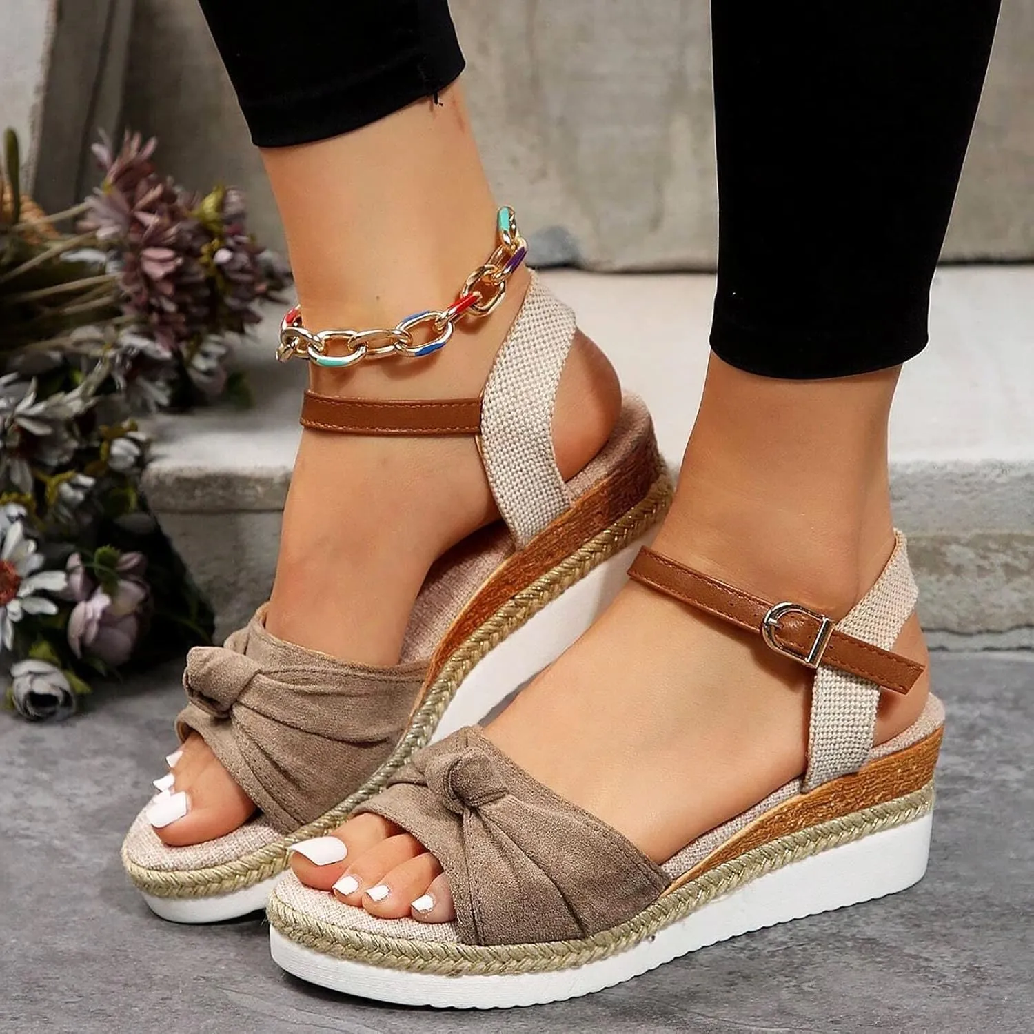 Orthopedic Platform Wedge Sandals for Women Summer Dressy Flat 2023 Open Toe Ankle Strap Espadrilles Sandals Casual Strappy Slip on Sandals Beach Boho Sandals Comfortable Outdoor Shoes (Khaki #4, 9)