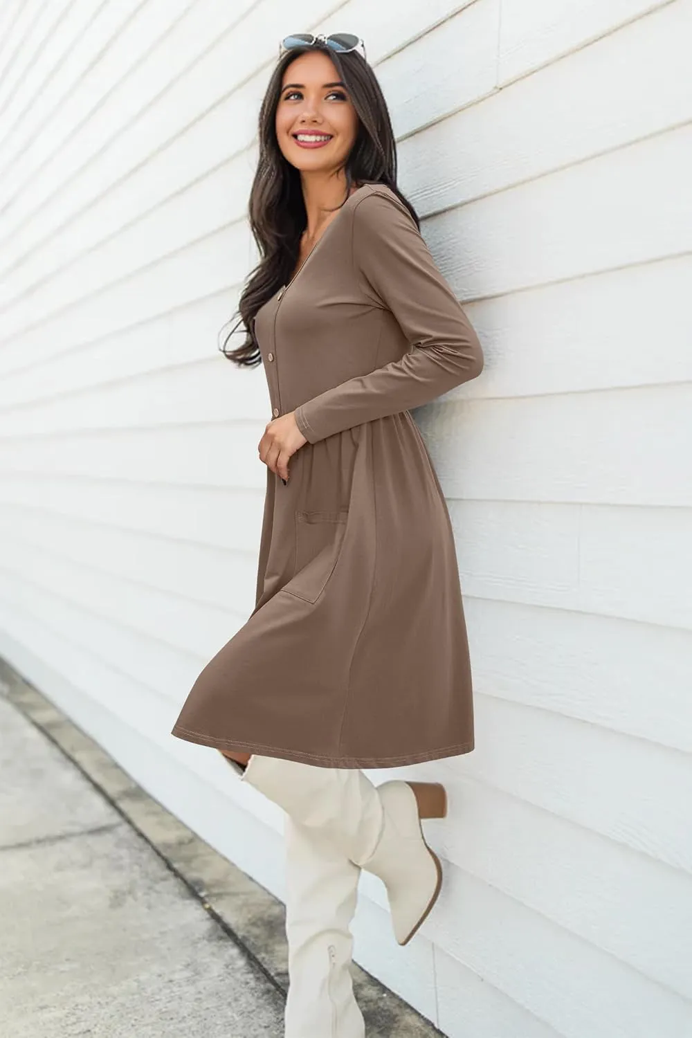 OUGES Women's V Neck Button Down Skater Dress with Pockets