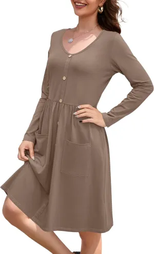 OUGES Women's V Neck Button Down Skater Dress with Pockets