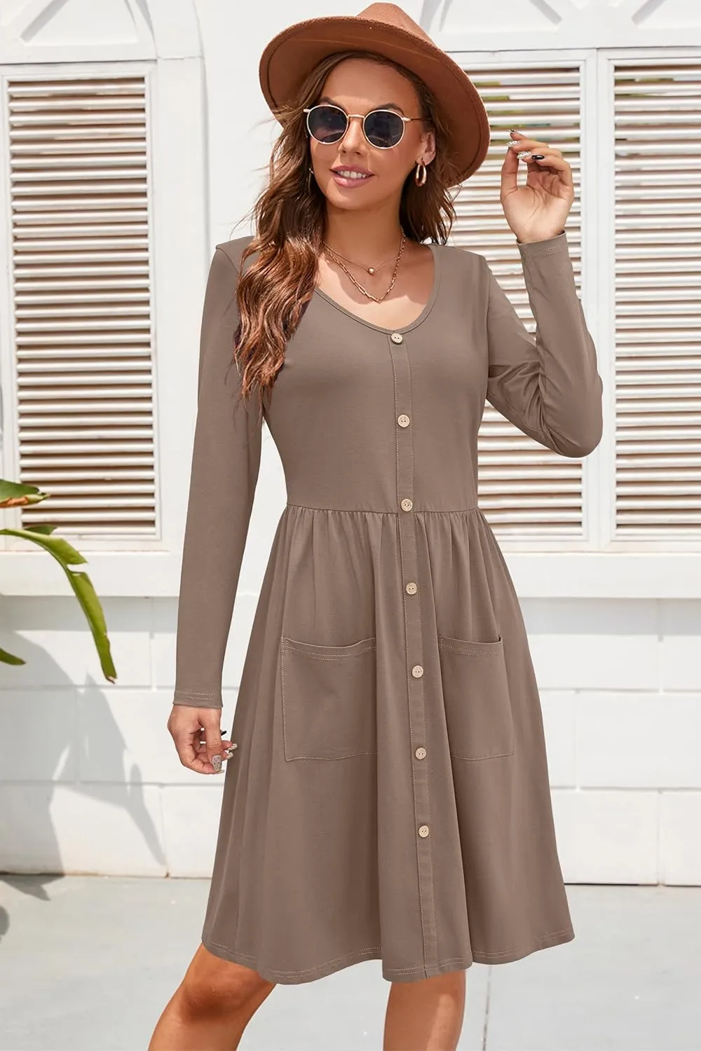OUGES Women's V Neck Button Down Skater Dress with Pockets