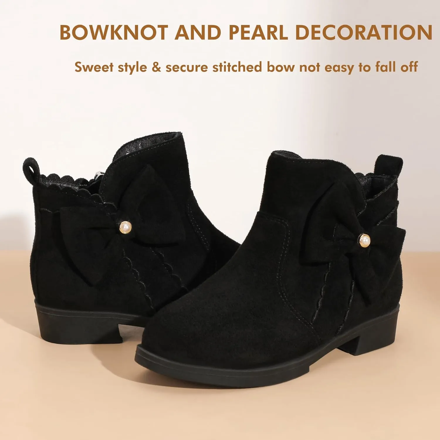 PANDANINJIA Toddler/Little Kid Girl's Clara Fashion Short Ankle Boots Pearls Bow Dress Booties with Zipper