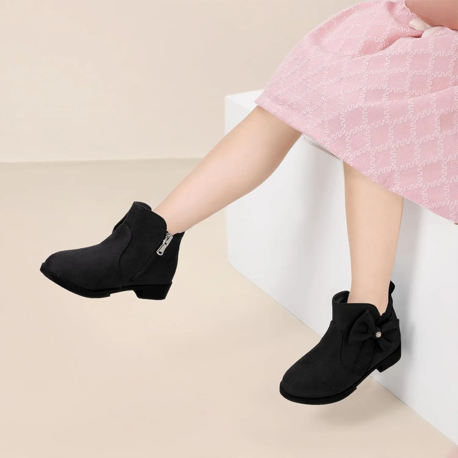 PANDANINJIA Toddler/Little Kid Girl's Clara Fashion Short Ankle Boots Pearls Bow Dress Booties with Zipper