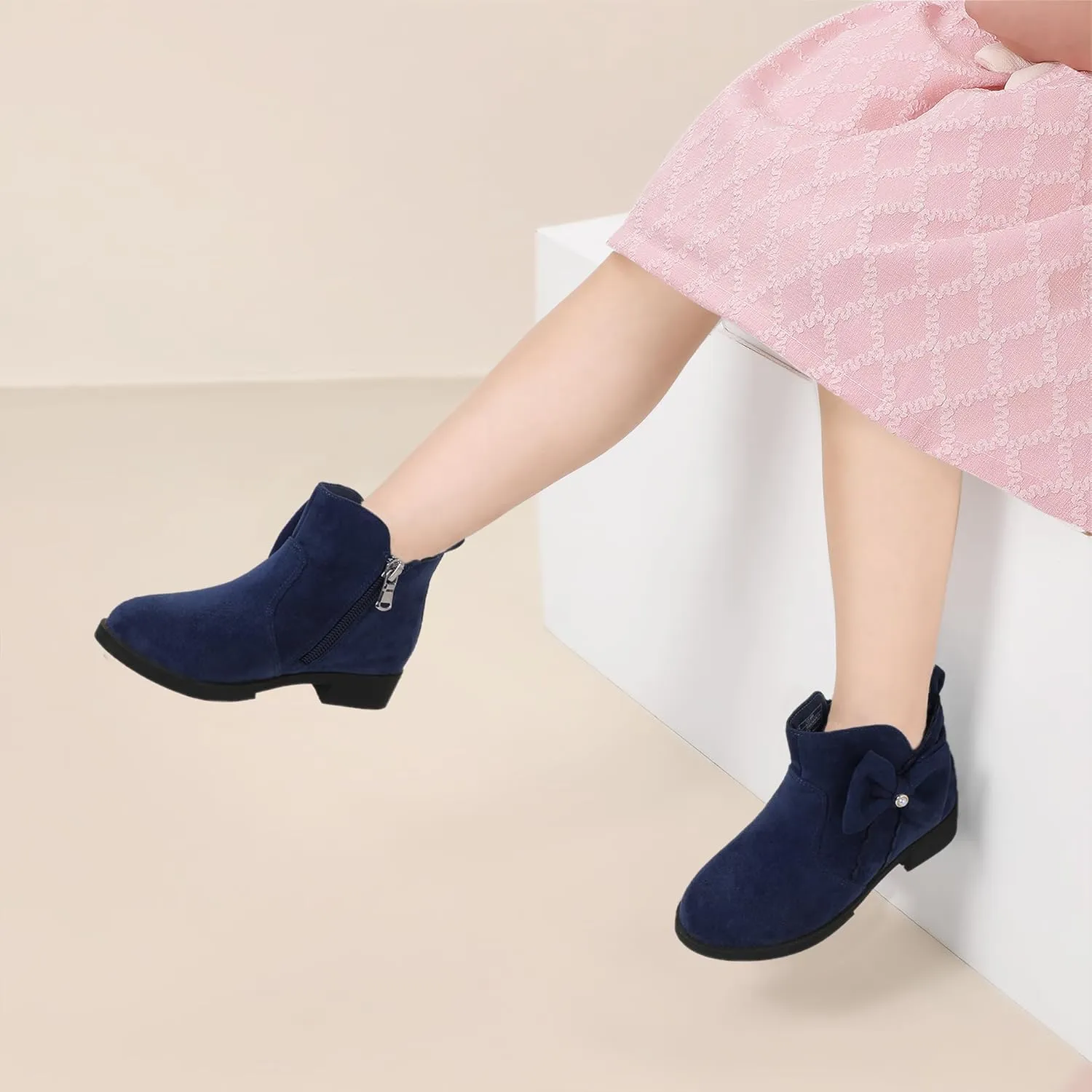 PANDANINJIA Toddler/Little Kid Girl's Clara Fashion Short Ankle Boots Pearls Bow Dress Booties with Zipper