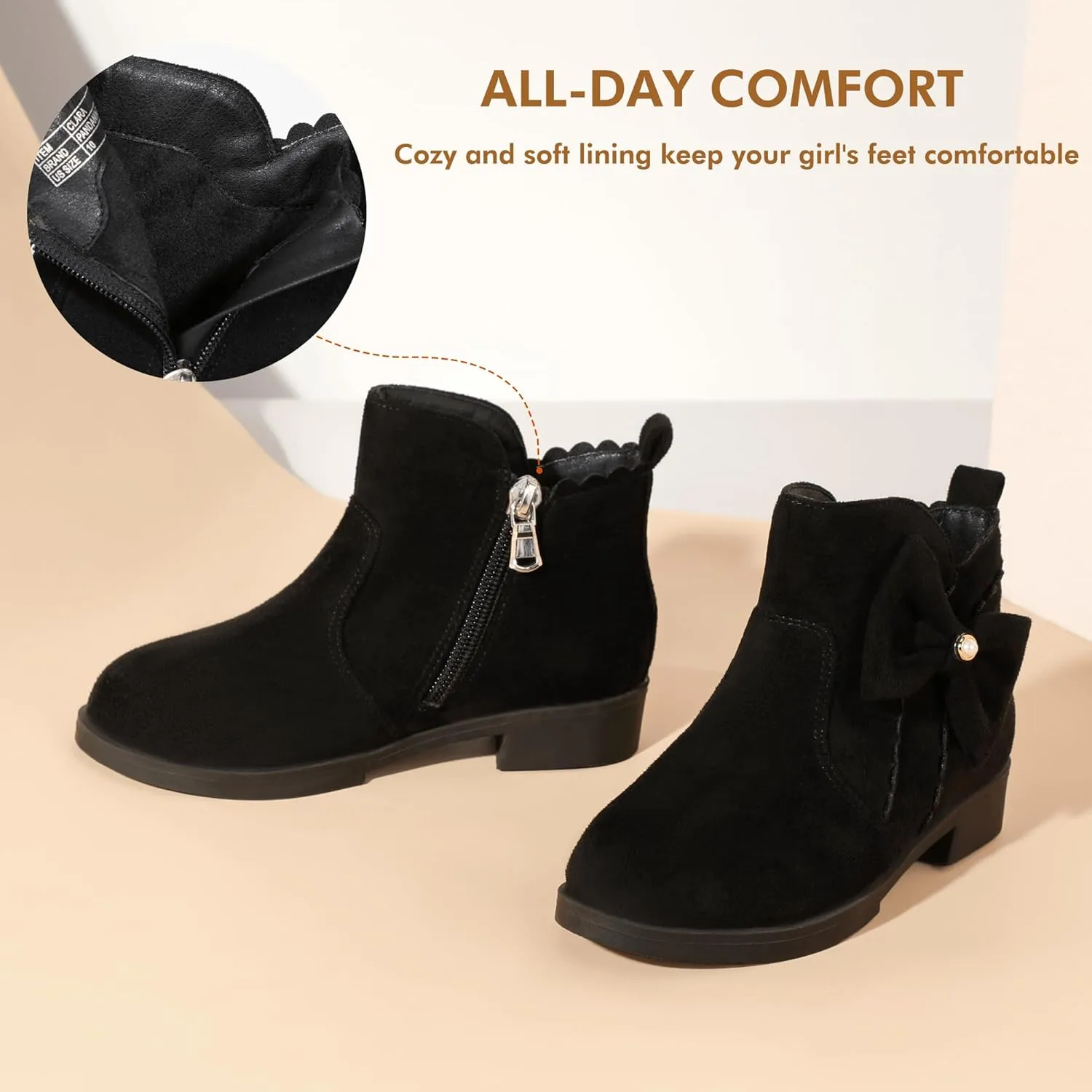 PANDANINJIA Toddler/Little Kid Girl's Clara Fashion Short Ankle Boots Pearls Bow Dress Booties with Zipper