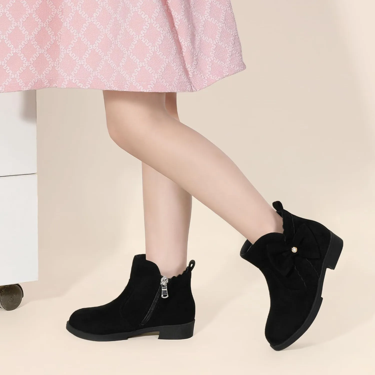 PANDANINJIA Toddler/Little Kid Girl's Clara Fashion Short Ankle Boots Pearls Bow Dress Booties with Zipper