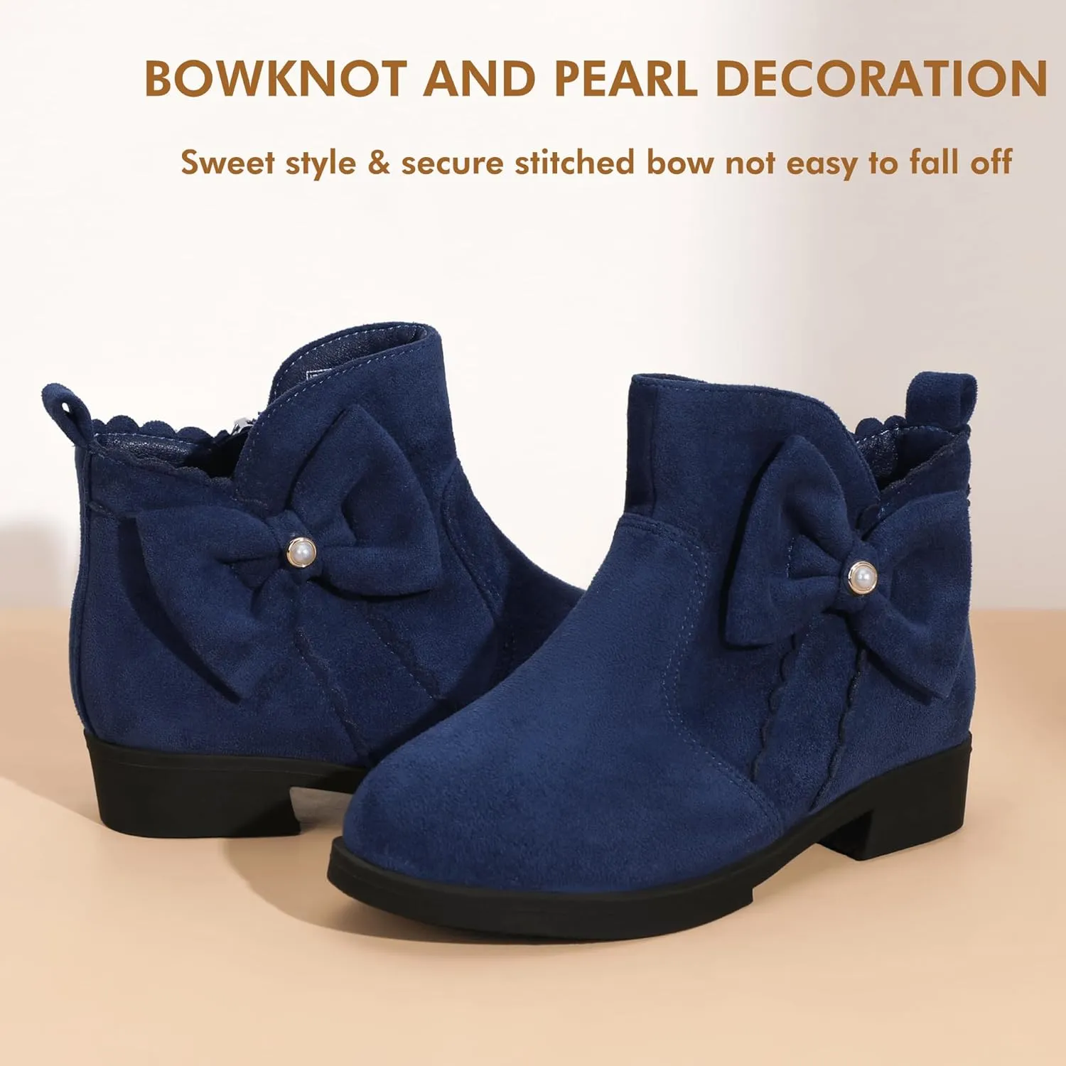 PANDANINJIA Toddler/Little Kid Girl's Clara Fashion Short Ankle Boots Pearls Bow Dress Booties with Zipper