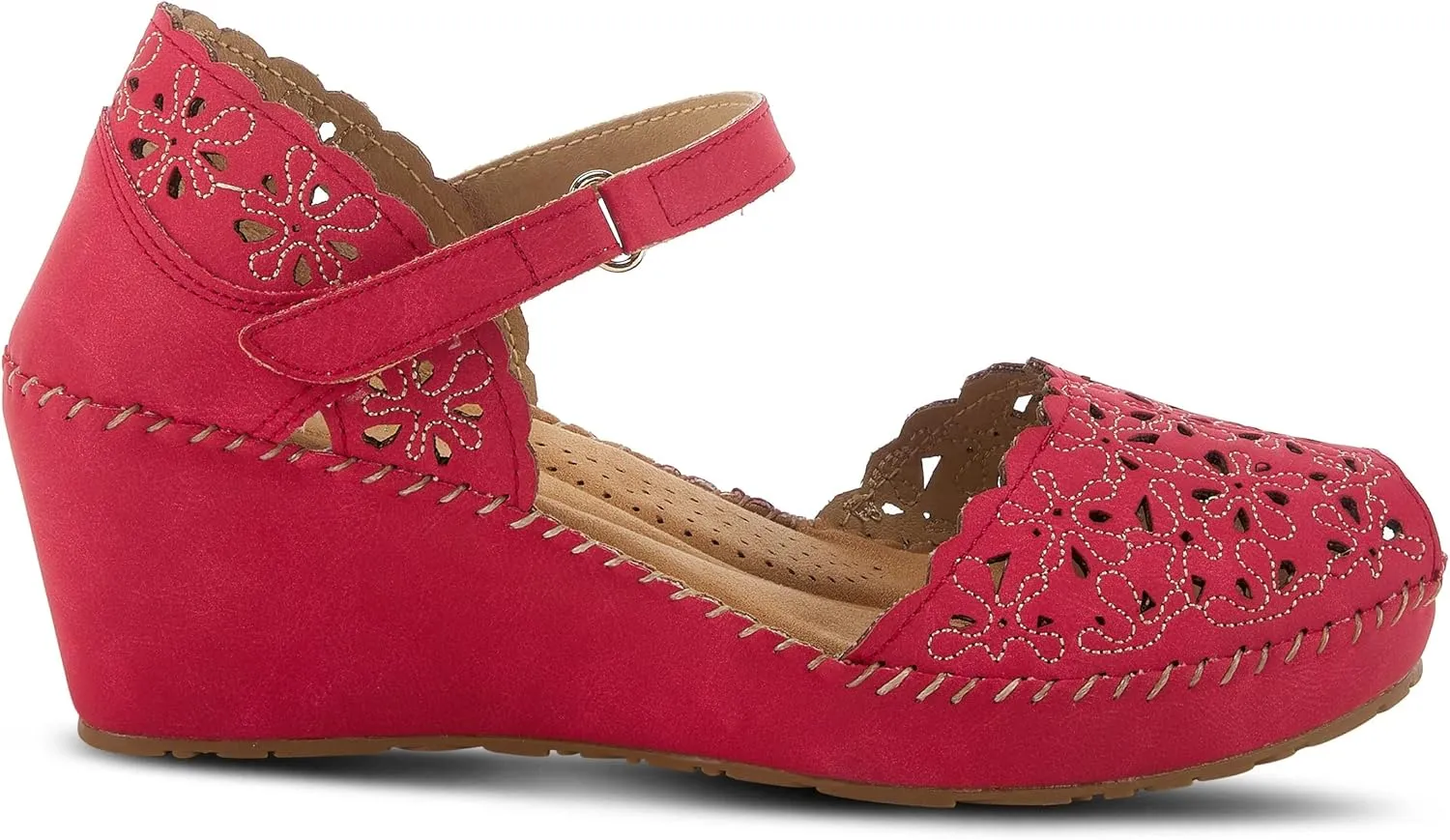 PATRIZIA Spring Step Gennina Wedge Sandals for Womens - Laser Cut Ladies Sandals with Embroidery - Hook and Loop Closure Womens Sandals
