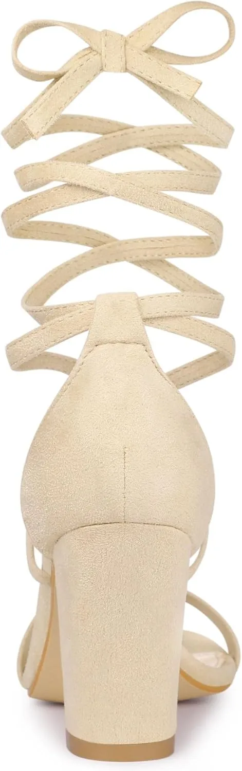 Perphy Open Toe Lace Up Tie up Chunky Heeled Sandals for Women