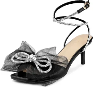 Perphy Sparkly Bow Rhinestone Kitten Heels Sandals for Women