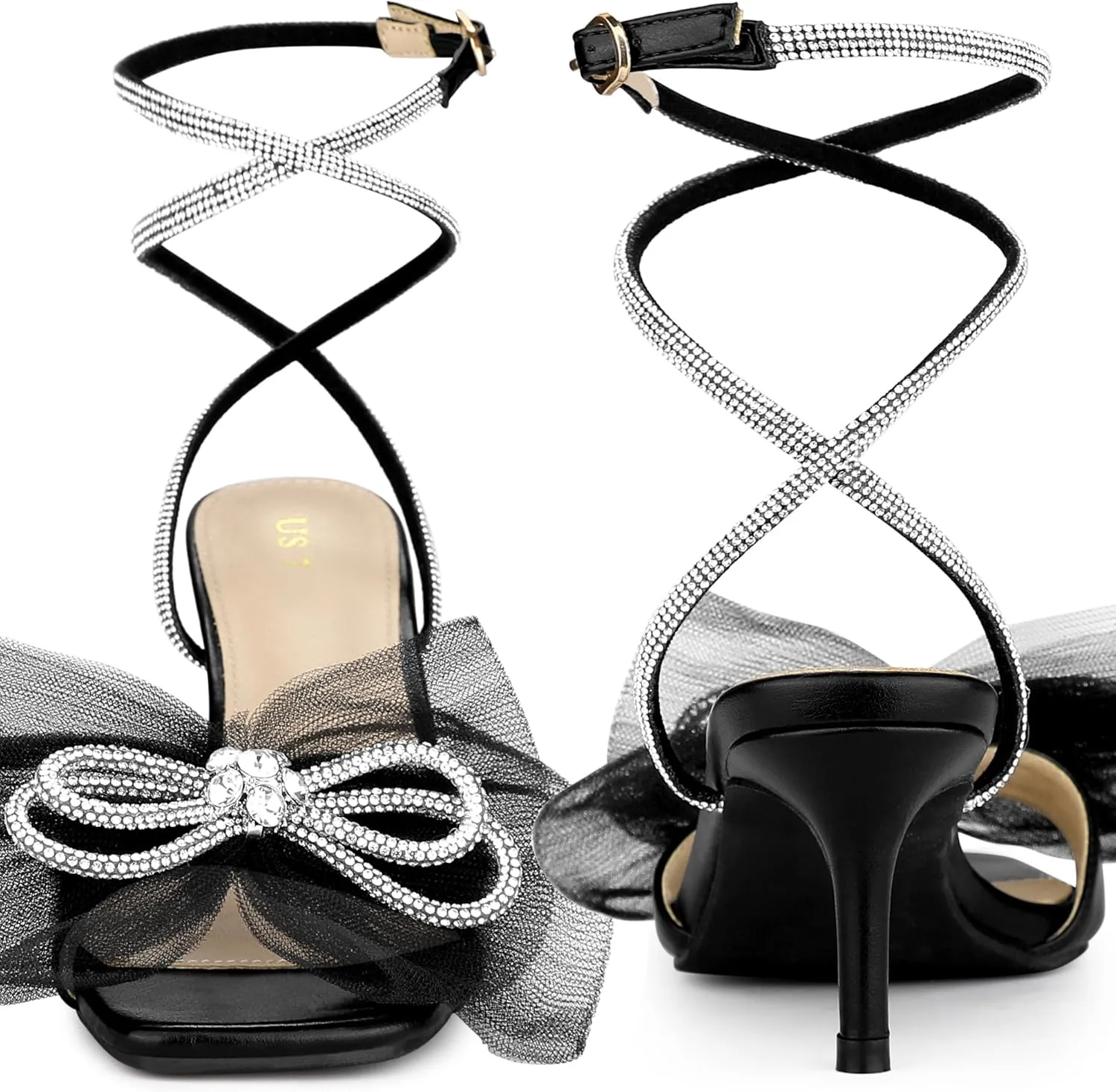 Perphy Sparkly Bow Rhinestone Kitten Heels Sandals for Women