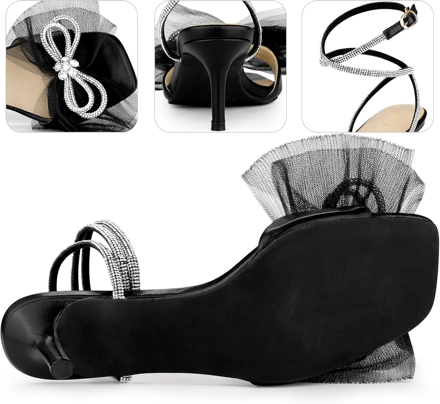 Perphy Sparkly Bow Rhinestone Kitten Heels Sandals for Women