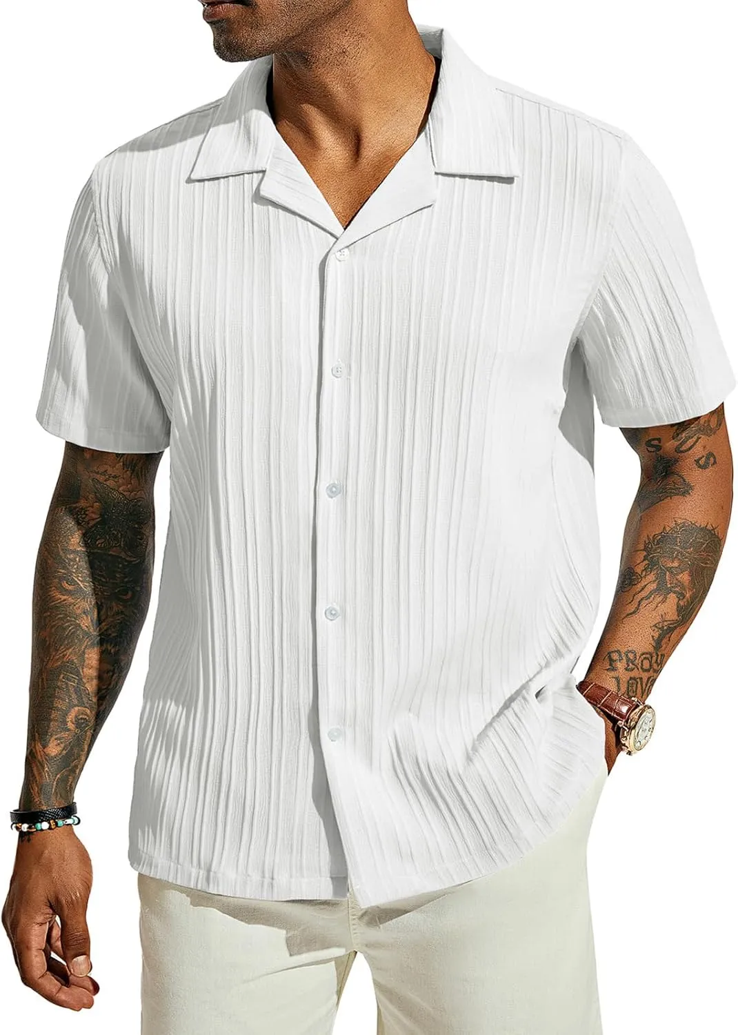 PJ PAUL JONES Men's Casual Button Down Shirts - Short Sleeve Summer Textured Beach Wrinkle-Free Shirts