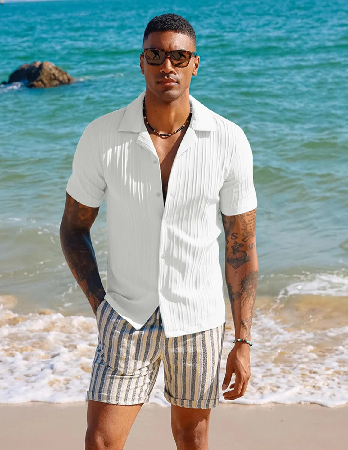 PJ PAUL JONES Men's Casual Button Down Shirts - Short Sleeve Summer Textured Beach Wrinkle-Free Shirts