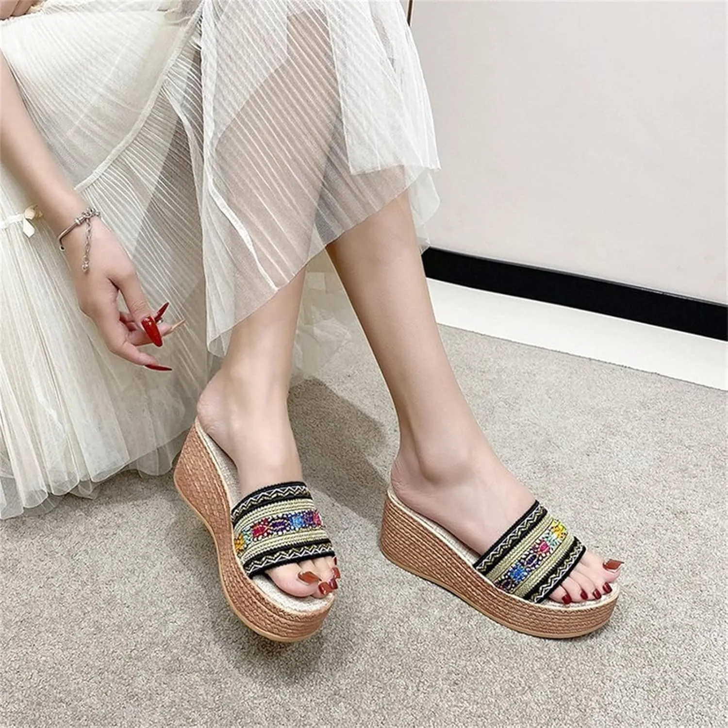 Platform Sandals for Women 2025 Colorful Knitting Strappy Open Toe Wedge Espadrilles Slip On Beach Walking Summer Shoes