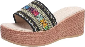 Platform Sandals for Women 2025 Colorful Knitting Strappy Open Toe Wedge Espadrilles Slip On Beach Walking Summer Shoes
