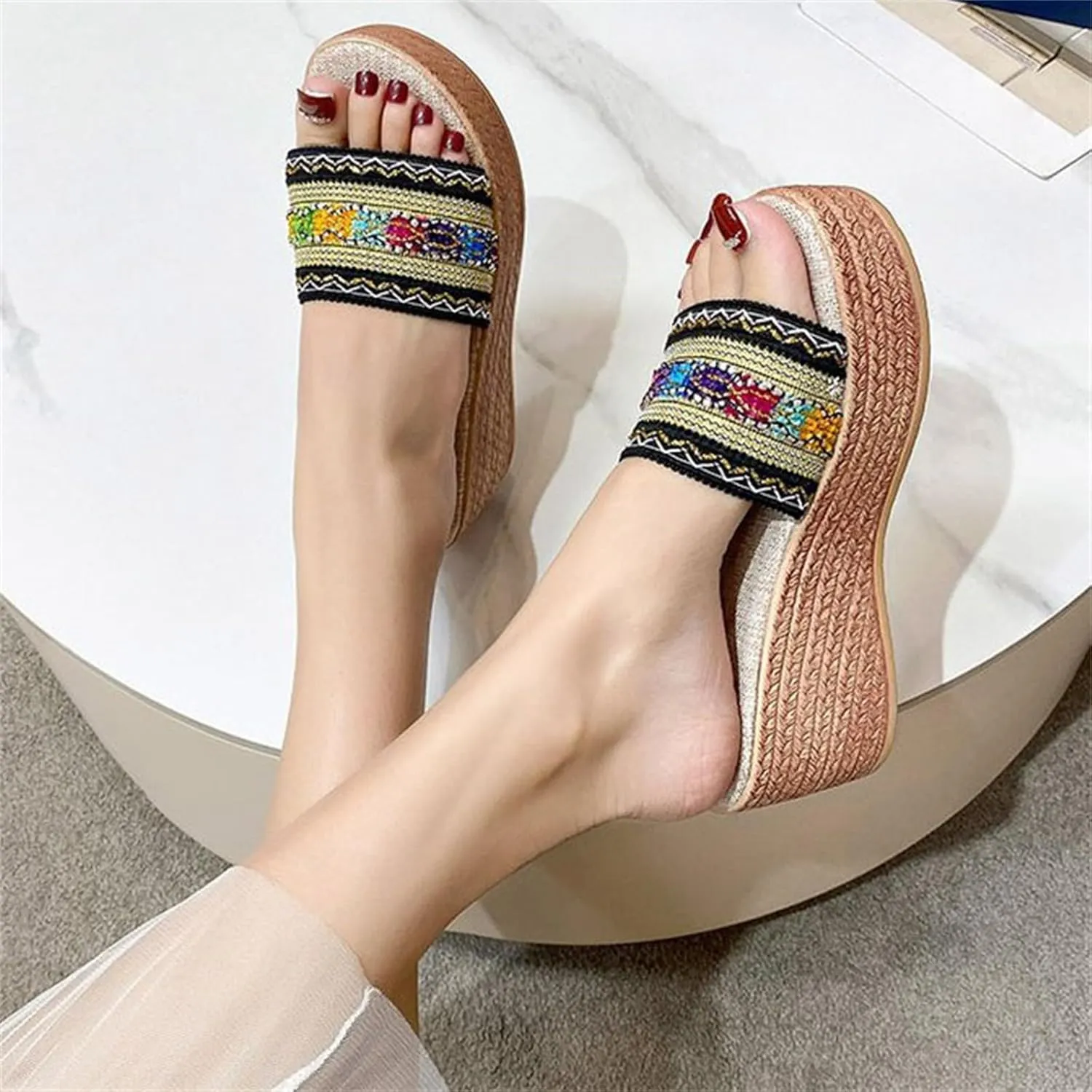 Platform Sandals for Women 2025 Colorful Knitting Strappy Open Toe Wedge Espadrilles Slip On Beach Walking Summer Shoes