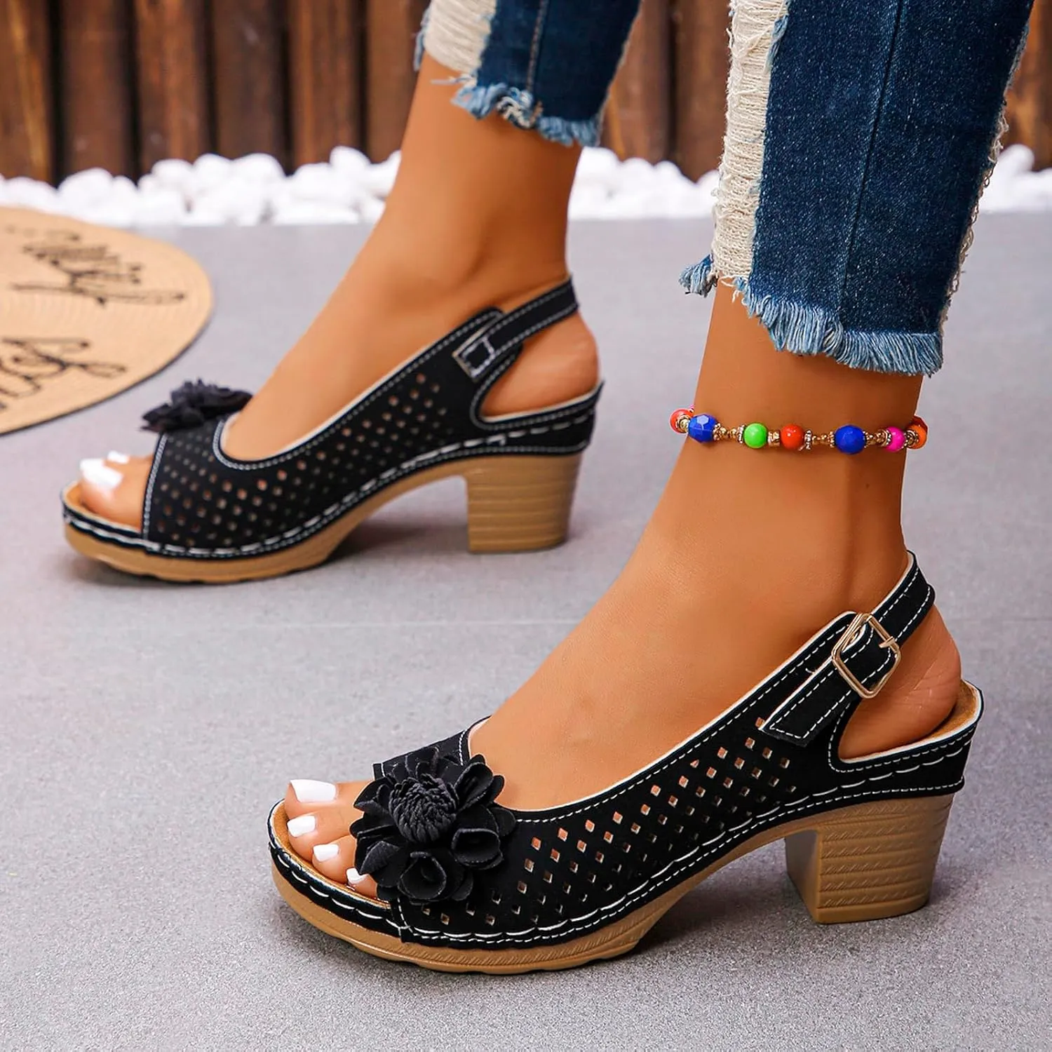 Platform Sandals Open Toe Hollow Out Mesh Shoes Fashion 3D Floral Sandal Retro Bohemian Wedge Slippers Casual Wedding Women Shoes Comfort Adjustable Strap Sandals Chunky Heel Sandal