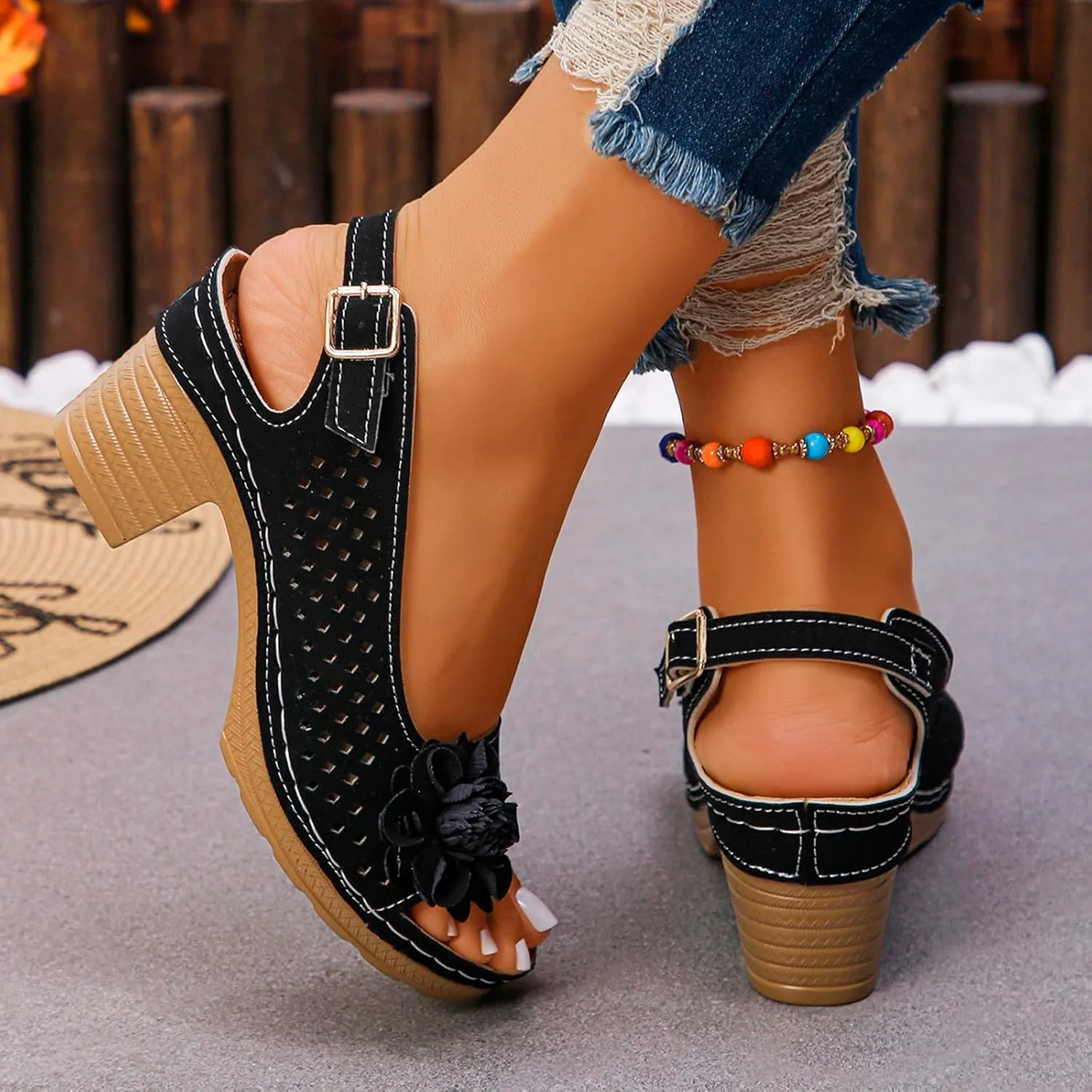 Platform Sandals Open Toe Hollow Out Mesh Shoes Fashion 3D Floral Sandal Retro Bohemian Wedge Slippers Casual Wedding Women Shoes Comfort Adjustable Strap Sandals Chunky Heel Sandal