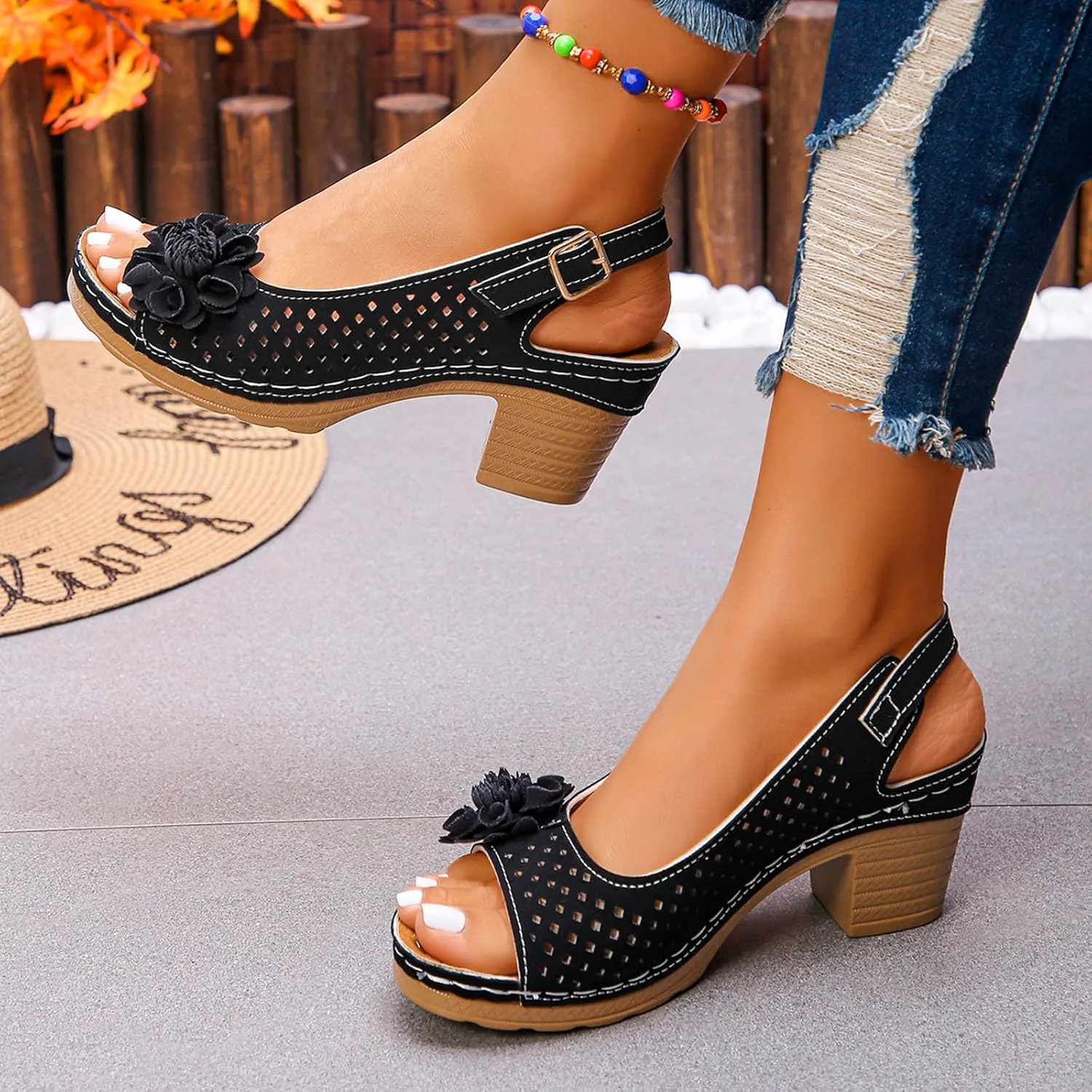 Platform Sandals Open Toe Hollow Out Mesh Shoes Fashion 3D Floral Sandal Retro Bohemian Wedge Slippers Casual Wedding Women Shoes Comfort Adjustable Strap Sandals Chunky Heel Sandal