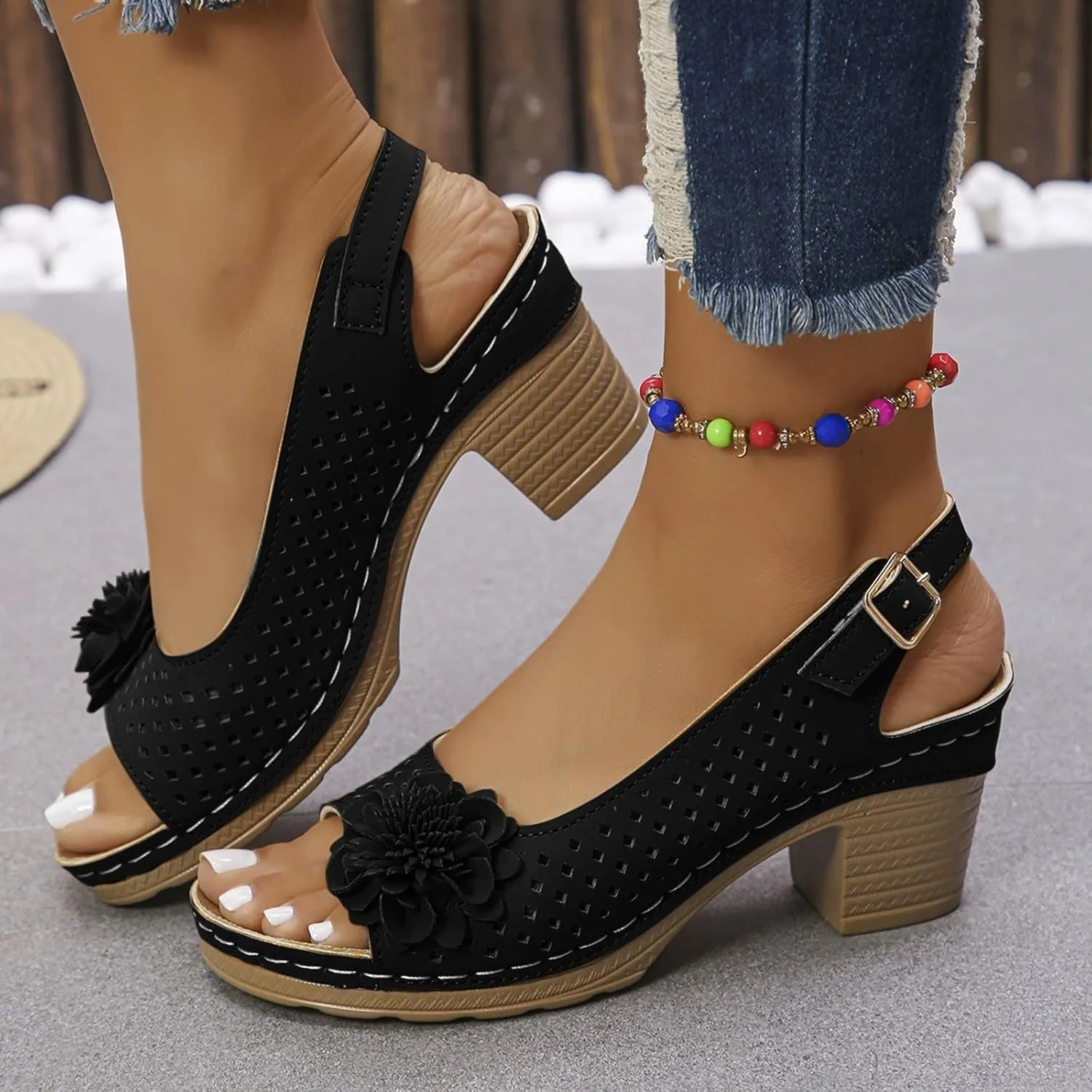 Platform Sandals Open Toe Hollow Out Mesh Shoes Fashion 3D Floral Sandal Retro Bohemian Wedge Slippers Casual Wedding Women Shoes Comfort Adjustable Strap Sandals Chunky Heel Sandal