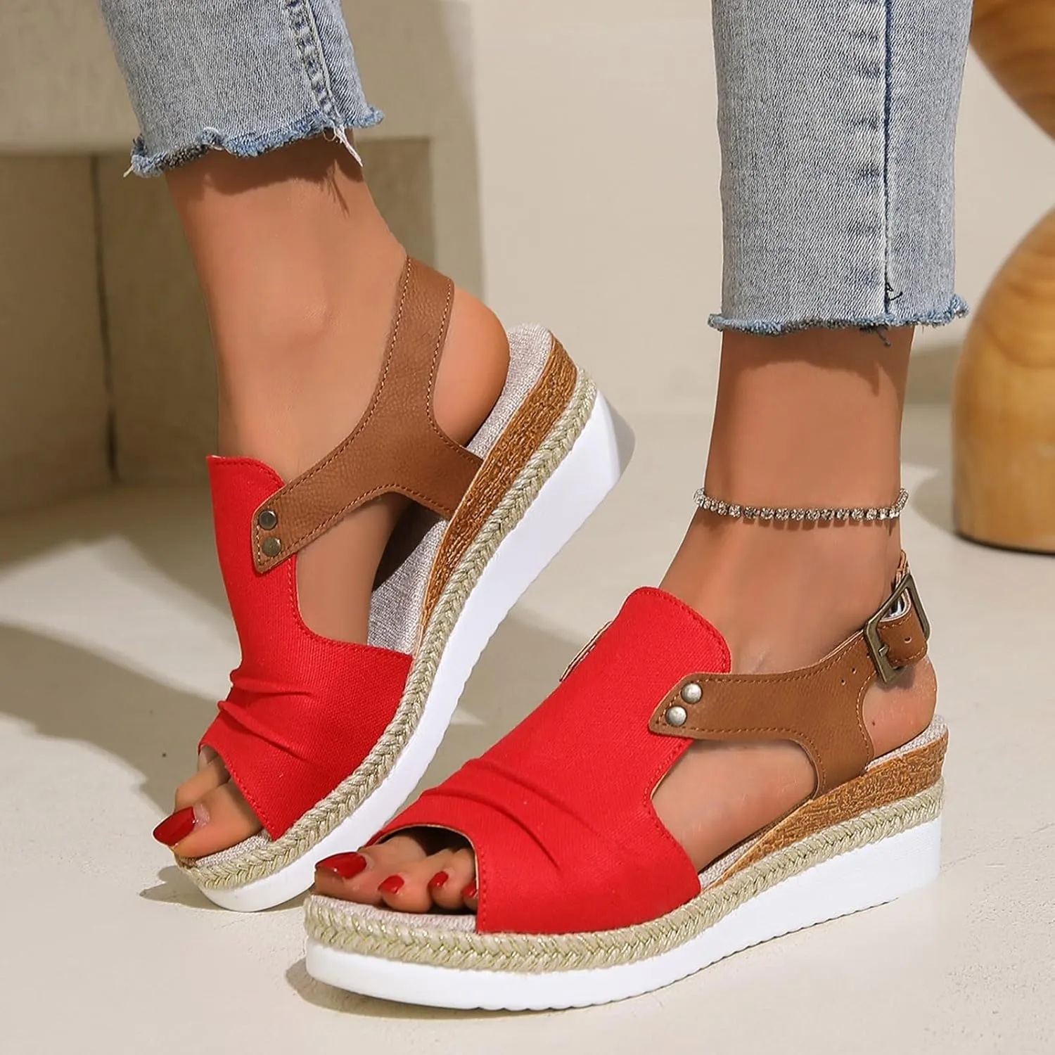 Platform Sandals Women Trendy Open Toes Sandal Adjustable Strap Platform Wedge Slide Casual Holiday Flat Footwear