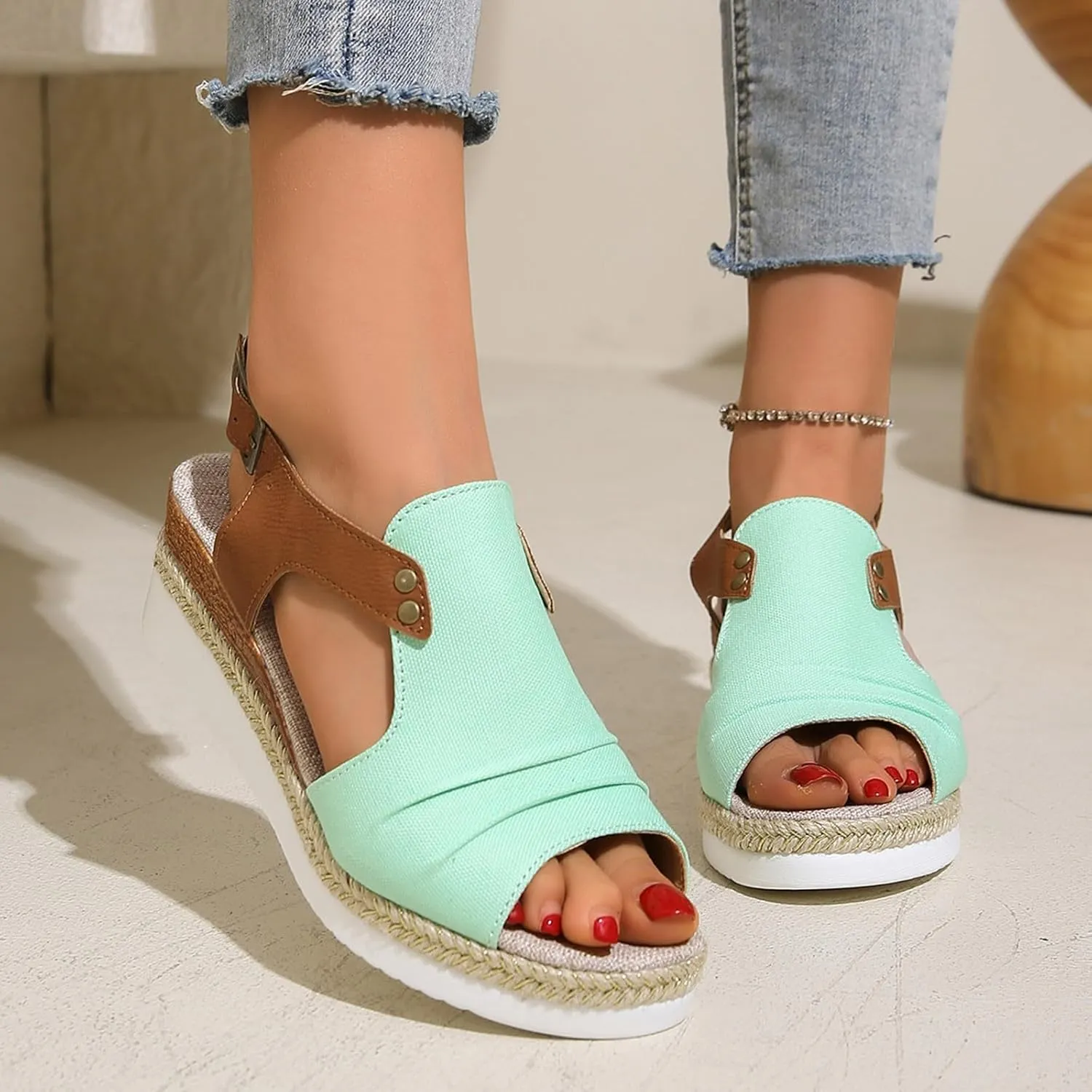 Platform Sandals Women Trendy Open Toes Sandal Adjustable Strap Platform Wedge Slide Casual Holiday Flat Footwear