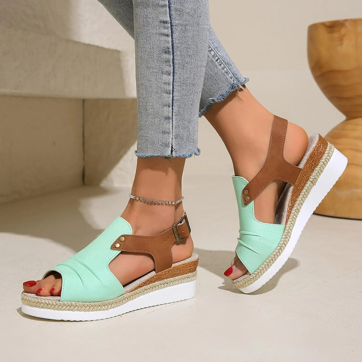 Platform Sandals Women Trendy Open Toes Sandal Adjustable Strap Platform Wedge Slide Casual Holiday Flat Footwear
