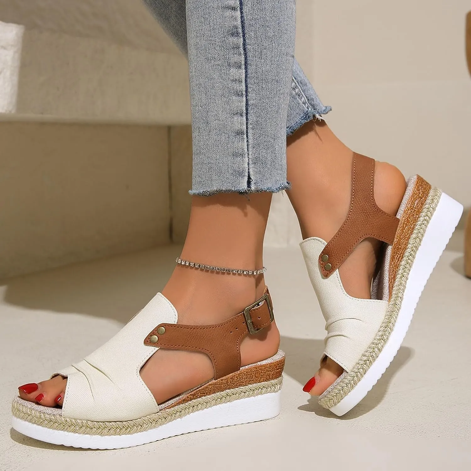 Platform Sandals Women Trendy Open Toes Sandal Adjustable Strap Platform Wedge Slide Casual Holiday Flat Footwear