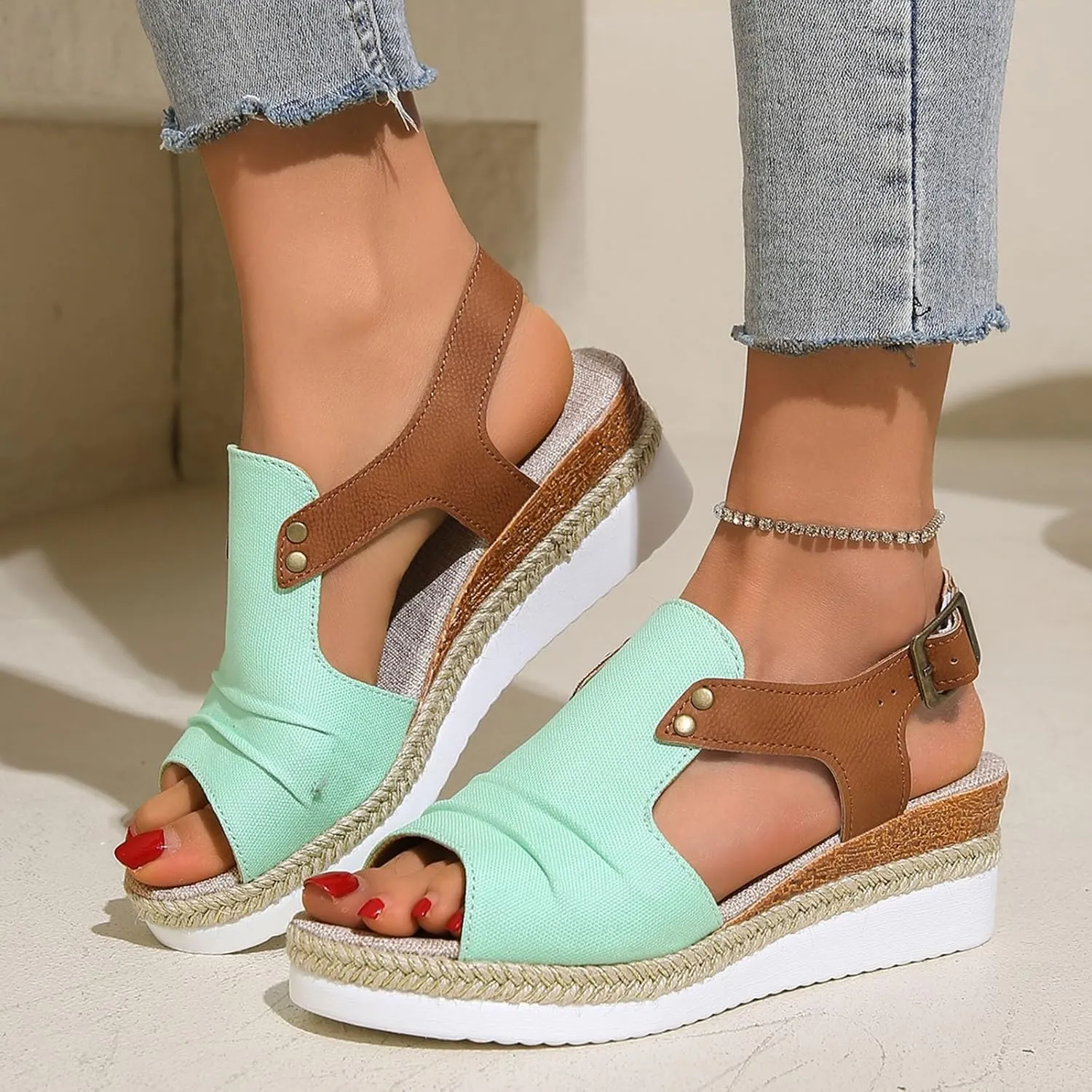 Platform Sandals Women Trendy Open Toes Sandal Adjustable Strap Platform Wedge Slide Casual Holiday Flat Footwear