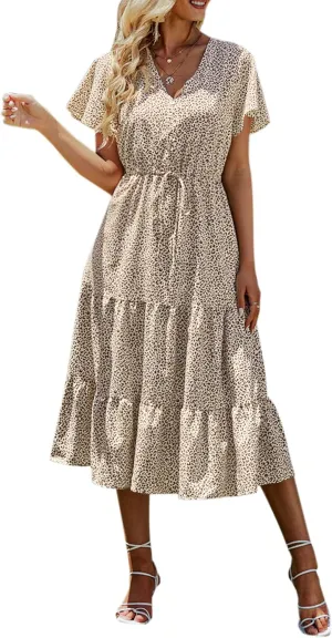 PRETTYGARDEN Summer Floral Dress for Women 2025 Casual Boho Short Sleeve Maxi Dresses V Neck Tiered Flowy Beach Sundress