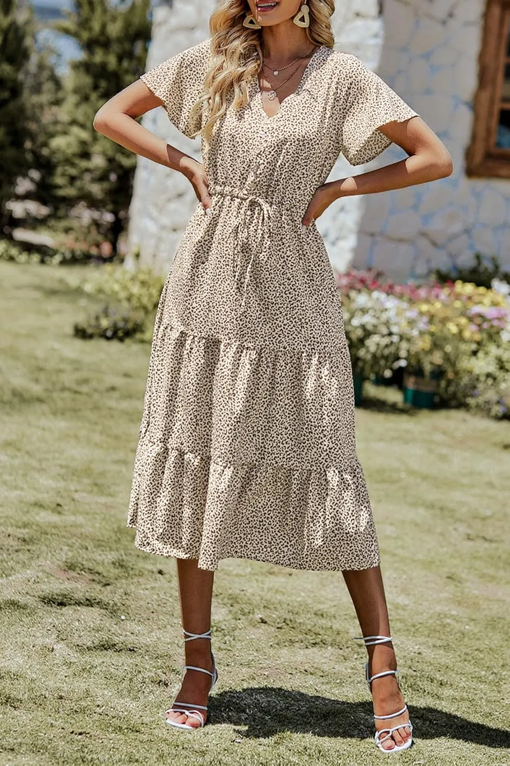 PRETTYGARDEN Summer Floral Dress for Women 2025 Casual Boho Short Sleeve Maxi Dresses V Neck Tiered Flowy Beach Sundress