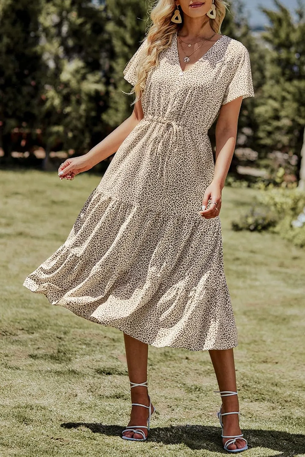 PRETTYGARDEN Summer Floral Dress for Women 2025 Casual Boho Short Sleeve Maxi Dresses V Neck Tiered Flowy Beach Sundress