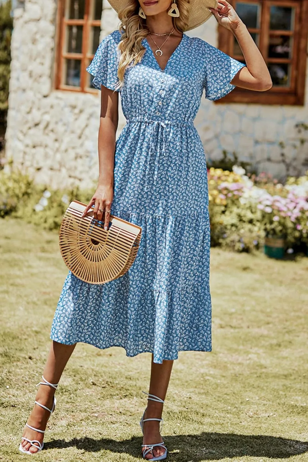 PRETTYGARDEN Summer Floral Dress for Women 2025 Casual Boho Short Sleeve Maxi Dresses V Neck Tiered Flowy Beach Sundress