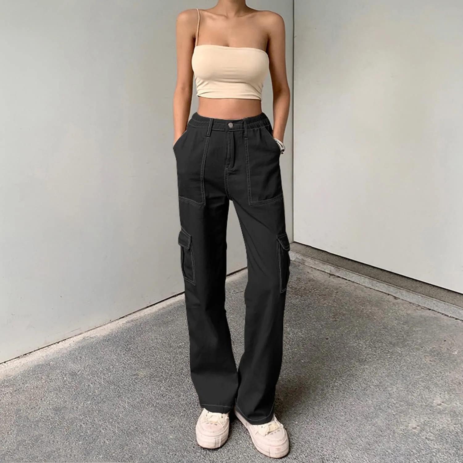 QYANGG High Waist Stretch Cargo Pants Women Baggy Multiple Pockets Relaxed Fit Straight Wide Leg Y2K Pants