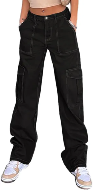 QYANGG High Waist Stretch Cargo Pants Women Baggy Multiple Pockets Relaxed Fit Straight Wide Leg Y2K Pants