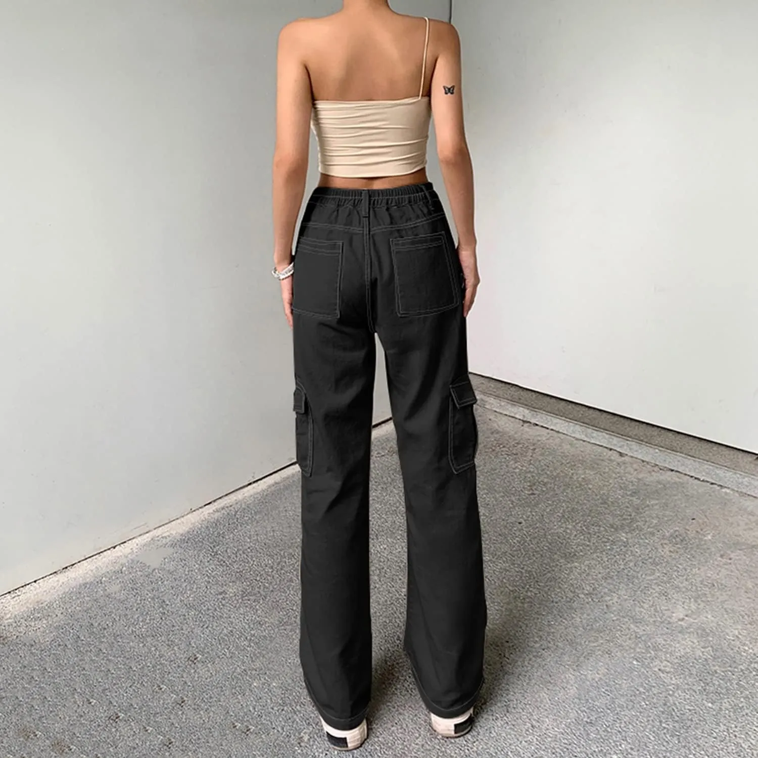 QYANGG High Waist Stretch Cargo Pants Women Baggy Multiple Pockets Relaxed Fit Straight Wide Leg Y2K Pants