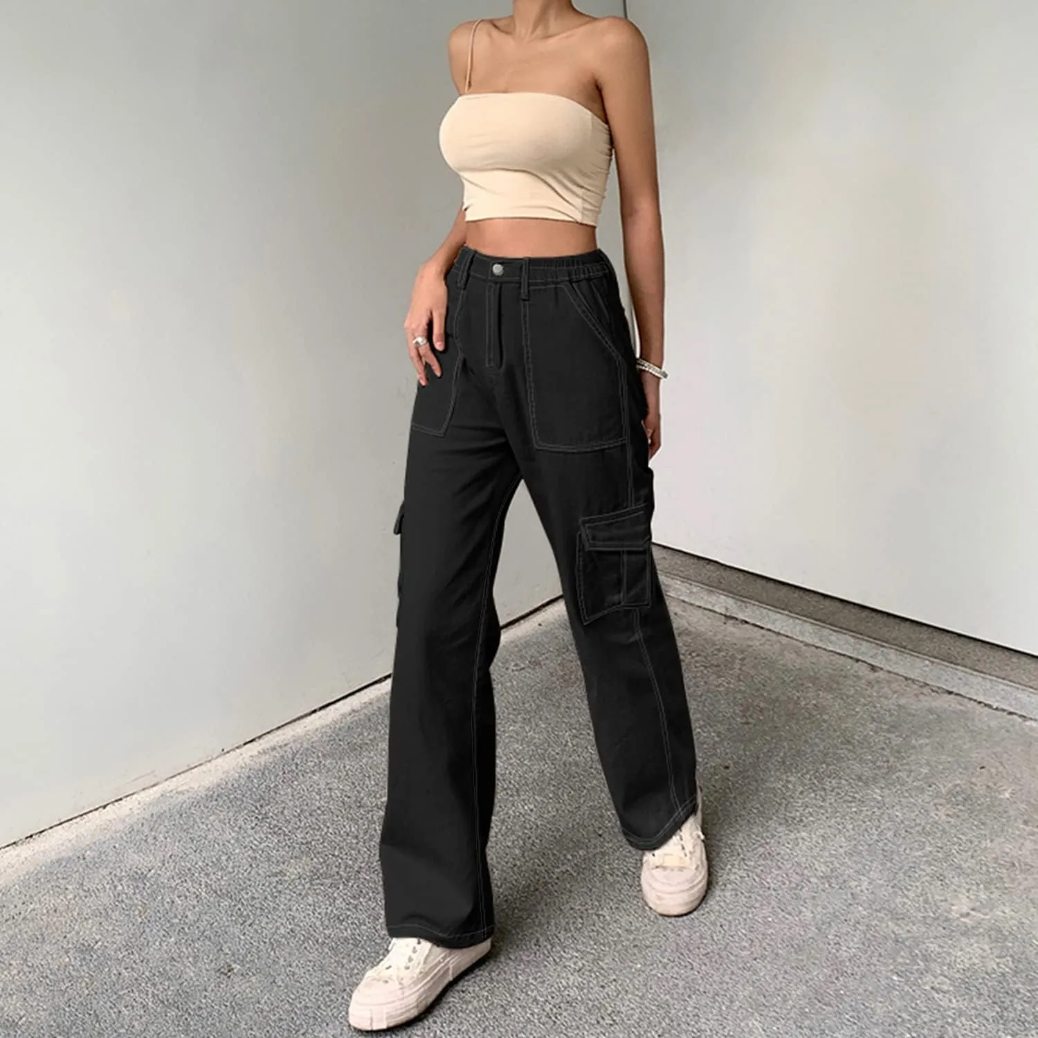 QYANGG High Waist Stretch Cargo Pants Women Baggy Multiple Pockets Relaxed Fit Straight Wide Leg Y2K Pants
