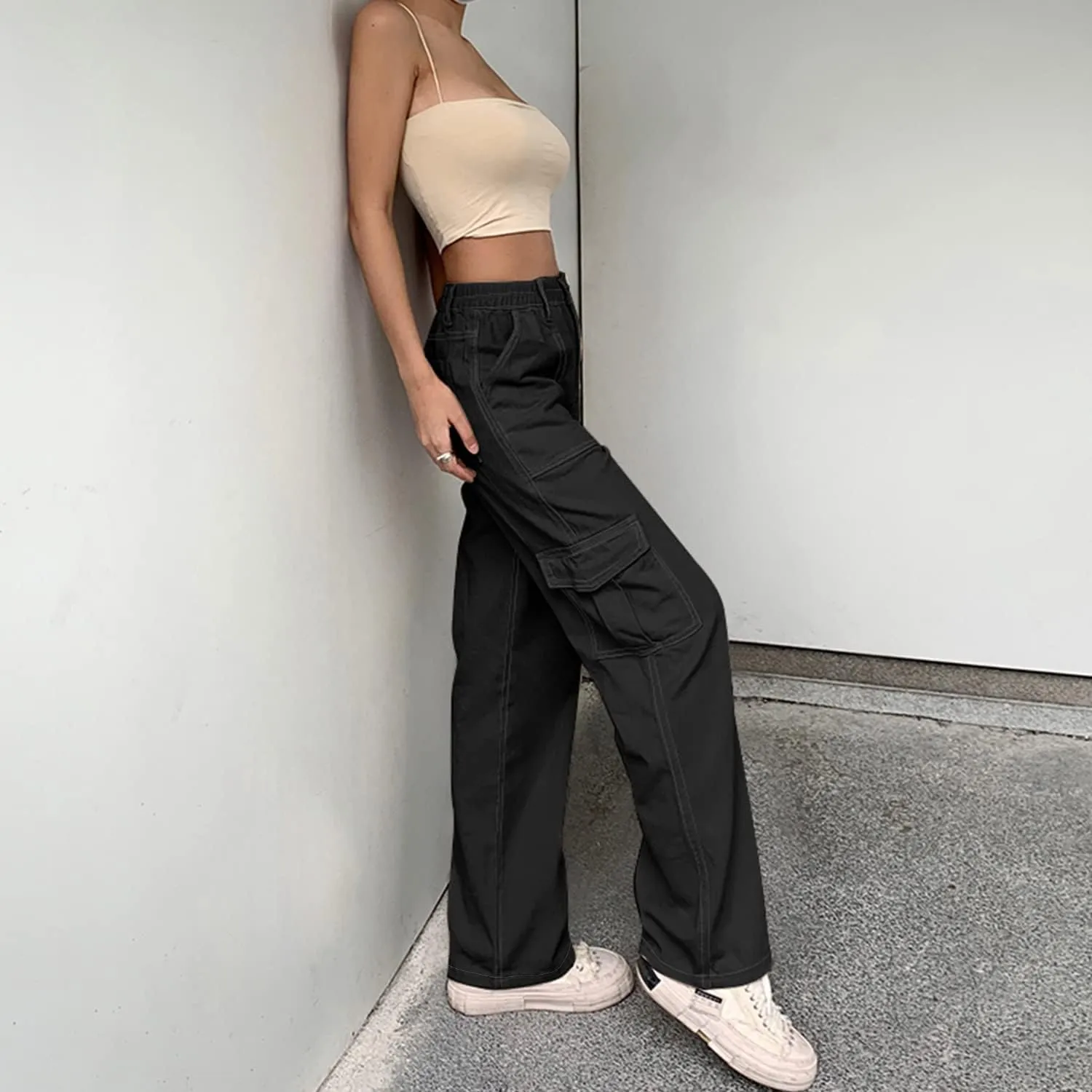 QYANGG High Waist Stretch Cargo Pants Women Baggy Multiple Pockets Relaxed Fit Straight Wide Leg Y2K Pants