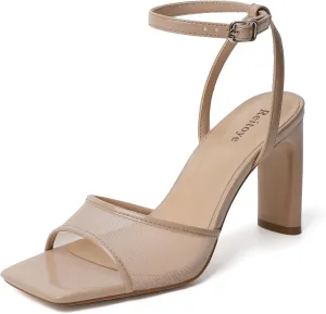 Reitoye Womens Heels Square Open Toe Chunky High Heels Strappy Ankle Strap Heeled Sandals for Women Dress Party Wedding