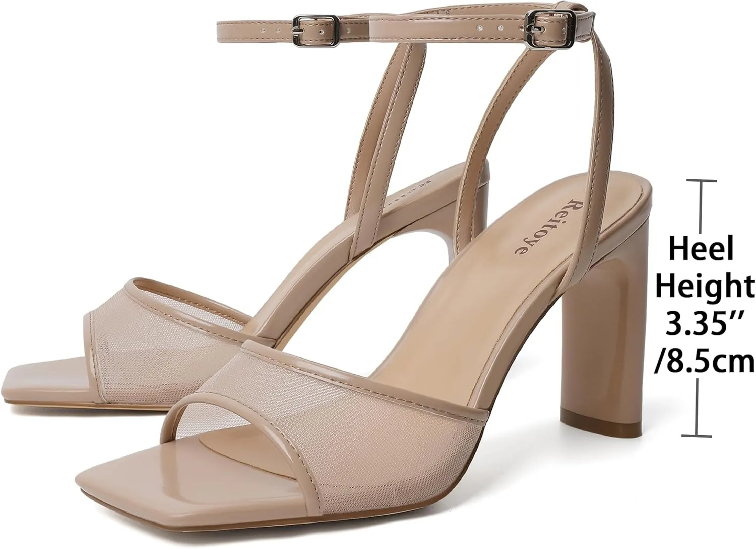 Reitoye Womens Heels Square Open Toe Chunky High Heels Strappy Ankle Strap Heeled Sandals for Women Dress Party Wedding