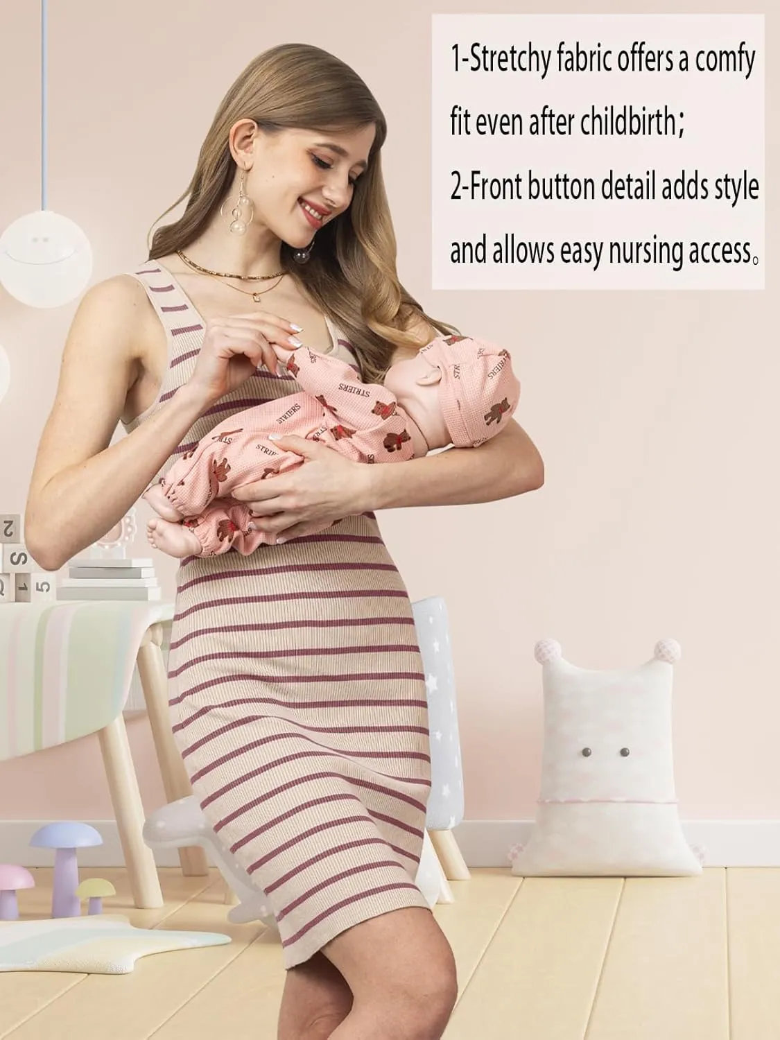 Rnxrbb Striped Button Maternity Dress Summer Bodycon Tank Pregnancy Dresses Sleeveless Clothes Ribbed Knit