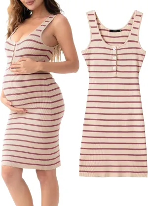 Rnxrbb Striped Button Maternity Dress Summer Bodycon Tank Pregnancy Dresses Sleeveless Clothes Ribbed Knit