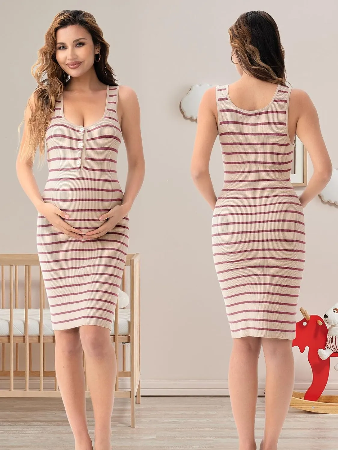 Rnxrbb Striped Button Maternity Dress Summer Bodycon Tank Pregnancy Dresses Sleeveless Clothes Ribbed Knit