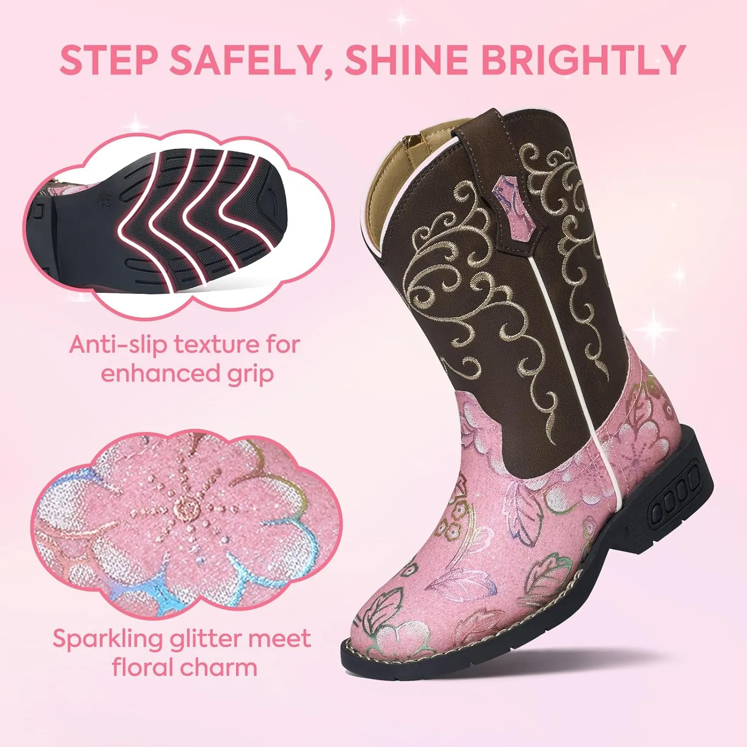 Rollda Girls Cowboy Boots Glitter Western Boots Sequin Cowgirl Boots for Girls
